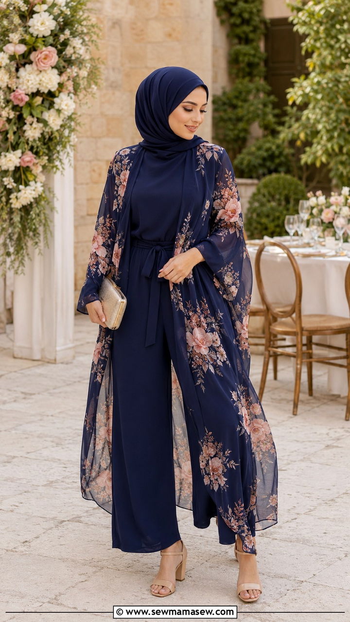 Jumpsuit With Kimono Overlay And Hijab - 30 Modest wedding guest outfit ideas with hijab