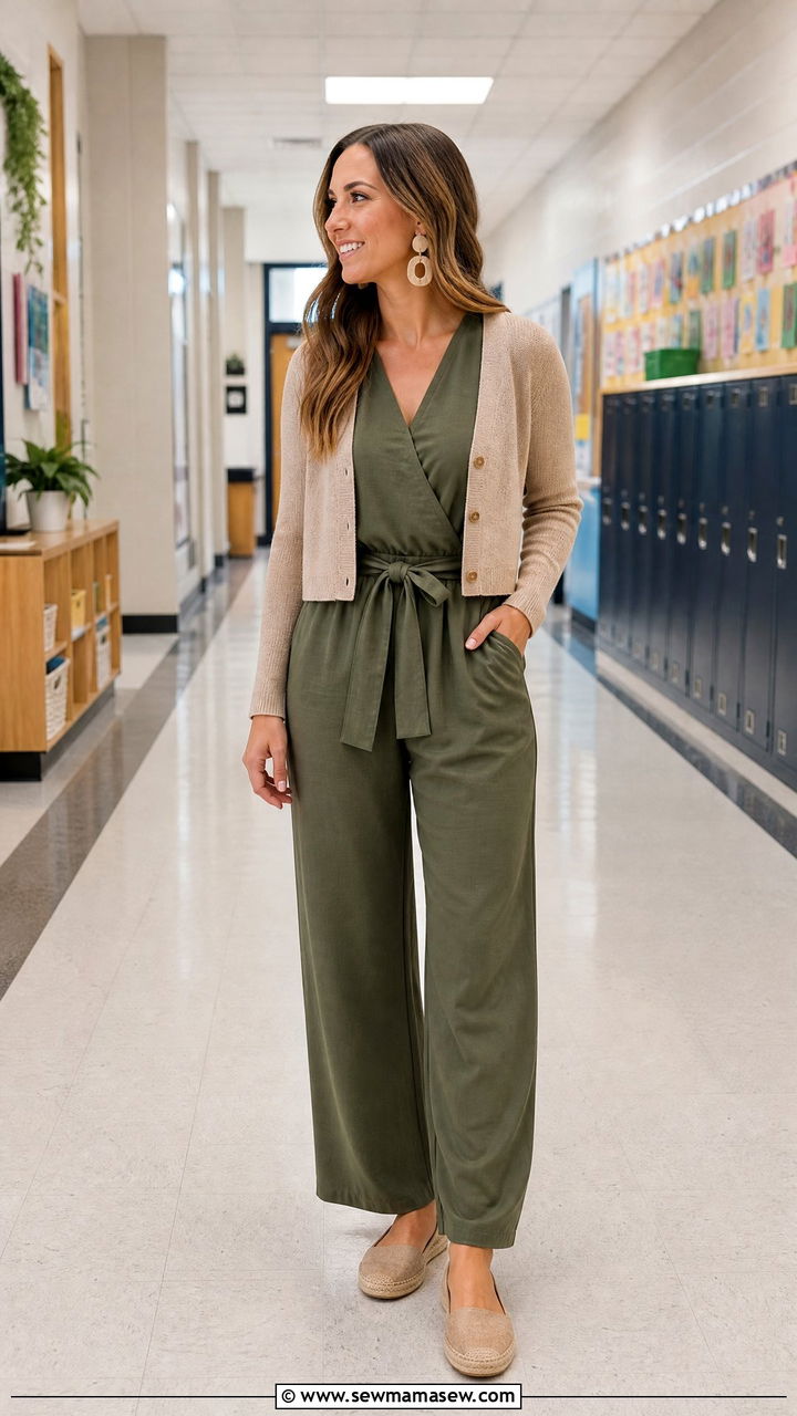 Jumpsuit With Lightweight Cardigan and Espadrilles - 25 First year teacher outfit ideas