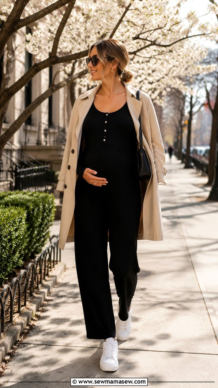 Jumpsuit and Lightweight Trench Outfit - 30 spring outfits for postpartum women