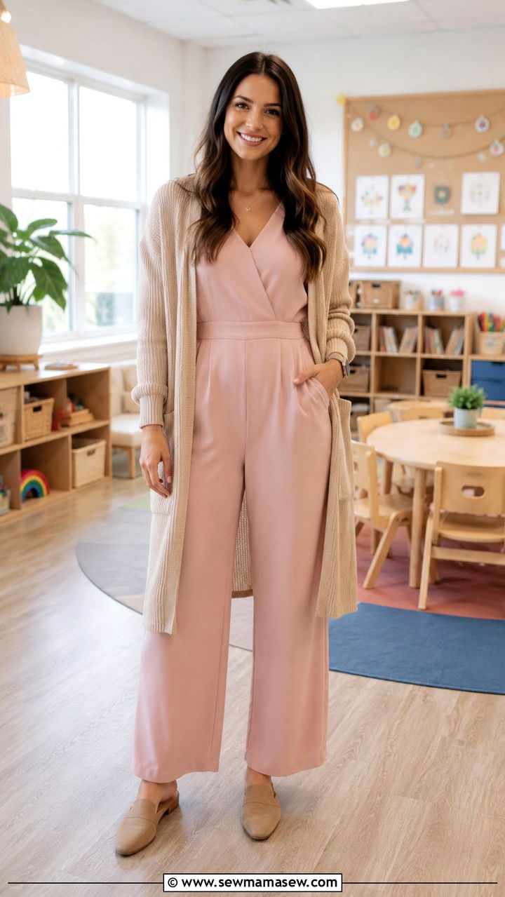 Jumpsuit and cardigan preschool teacher outfit - 25 Preschool teacher outfit ideas