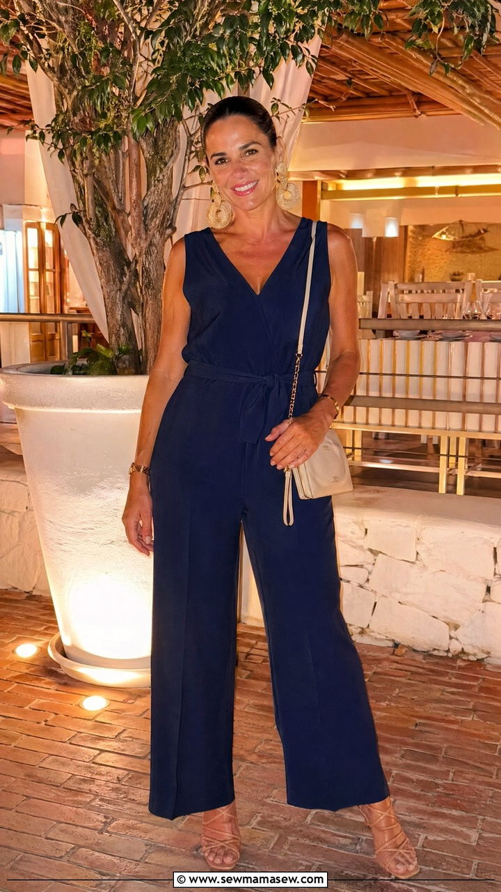 Jumpsuit and statement earrings for vacation dinner - 35 Family vacation outfit ideas