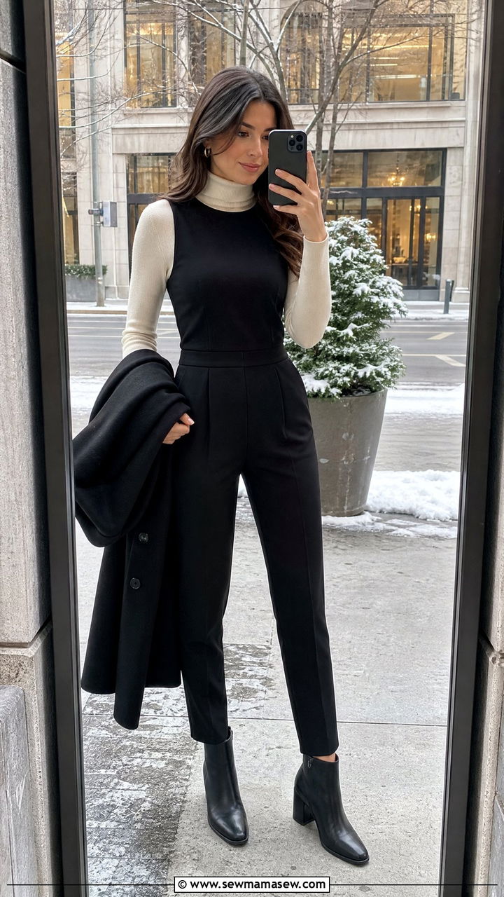 Jumpsuit layered over a turtleneck with ankle boots - 25 how to style jumpsuit