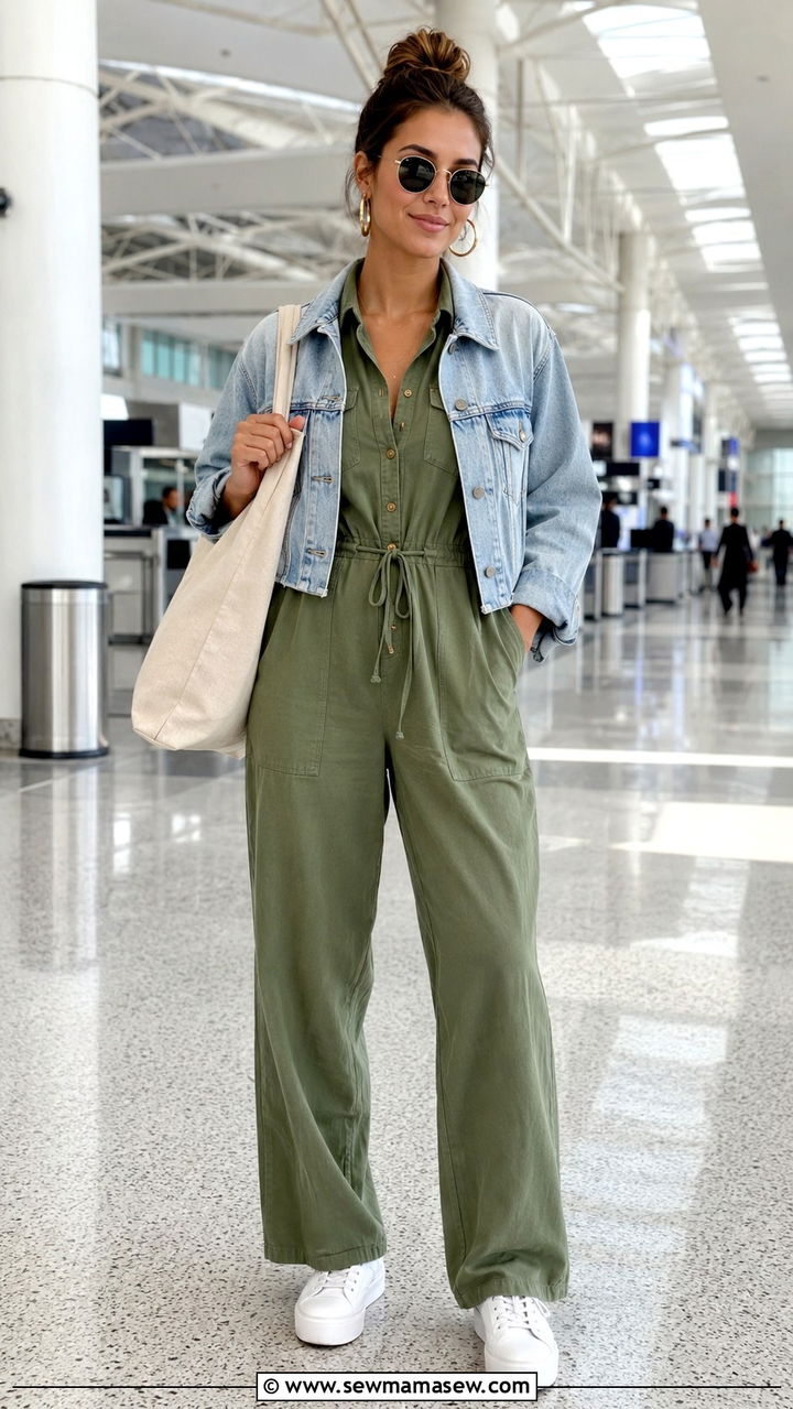 Jumpsuit sneakers denim jacket airport travel - 30 LAX airport outfit ideas