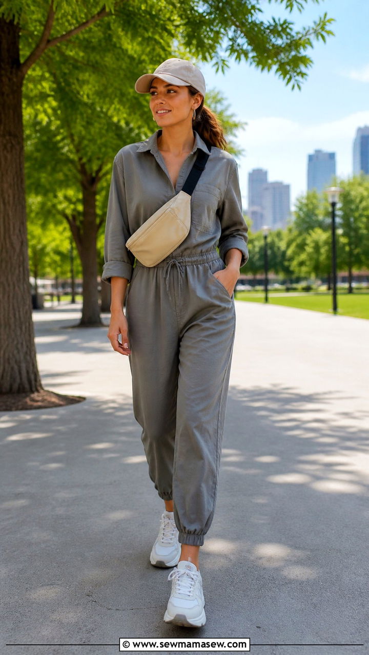 Jumpsuit with Baseball Cap and Dad Sneakers - 40 casual jumpsuit outfits