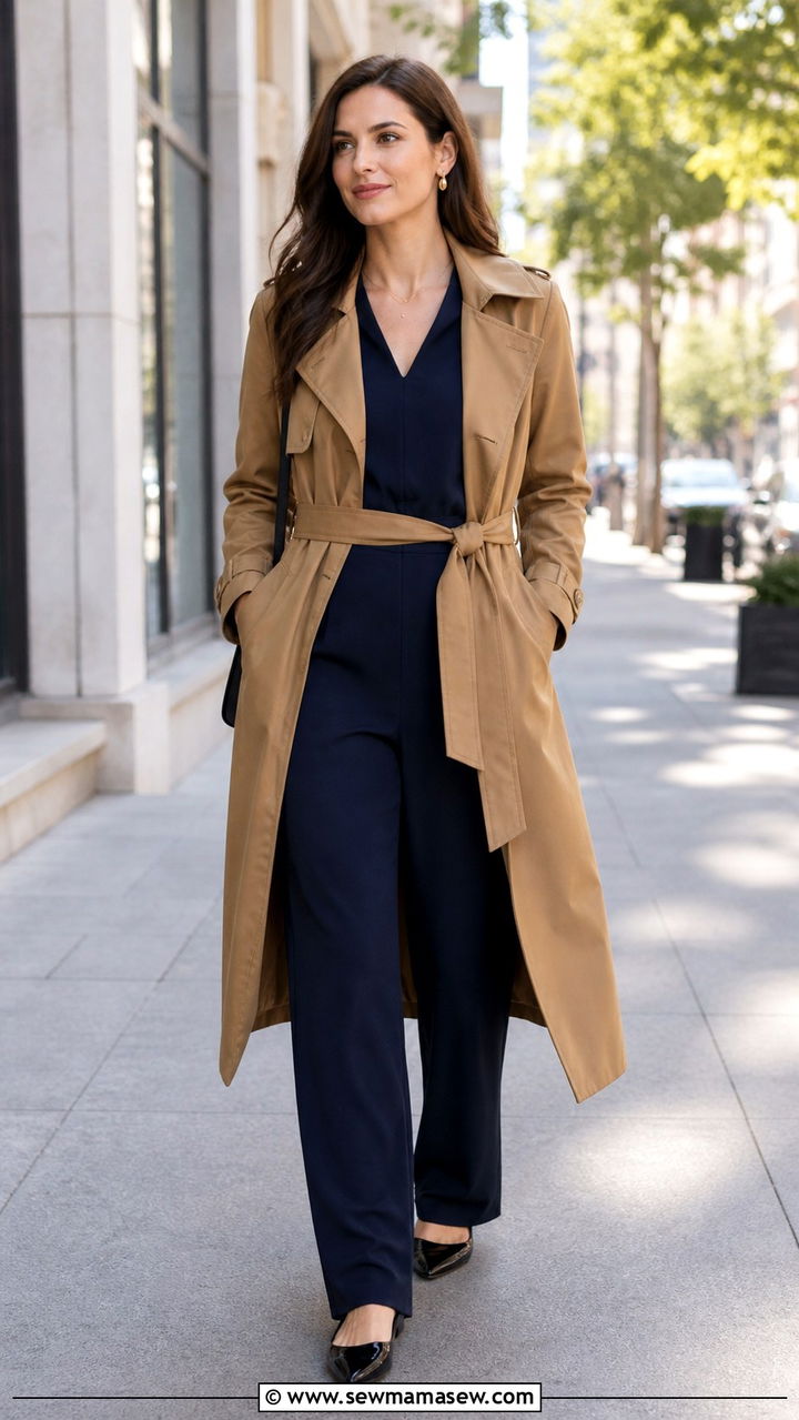 Jumpsuit with Belted Raincoat and Pointed Toe Flats - 40 rainy day outfits