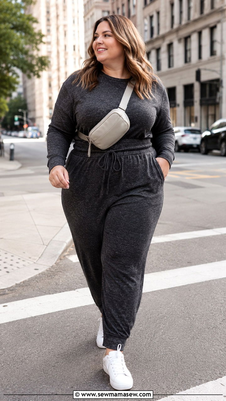 Jumpsuit with Cinched Waist and Sneakers - 30 Plus size loungewear outfit ideas