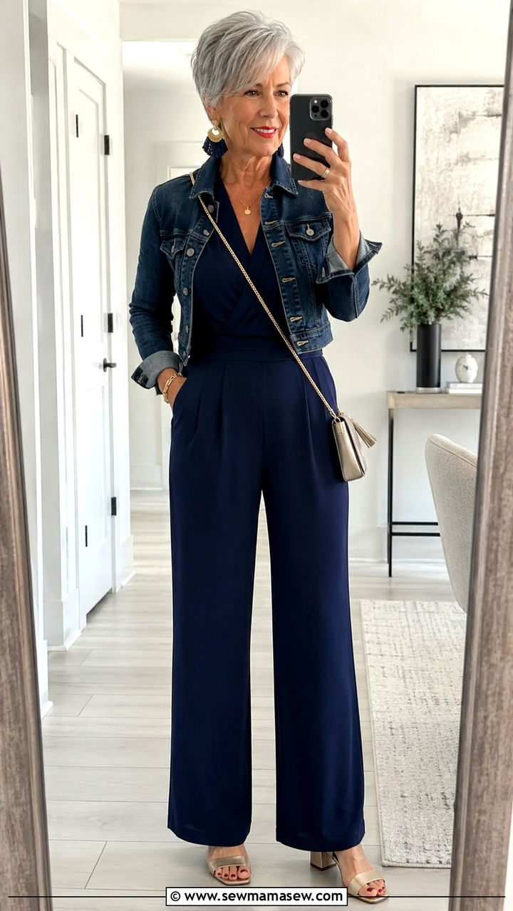 Jumpsuit with Cropped Jacket and Low Heels - 25 Weekend outfit ideas for women over 60