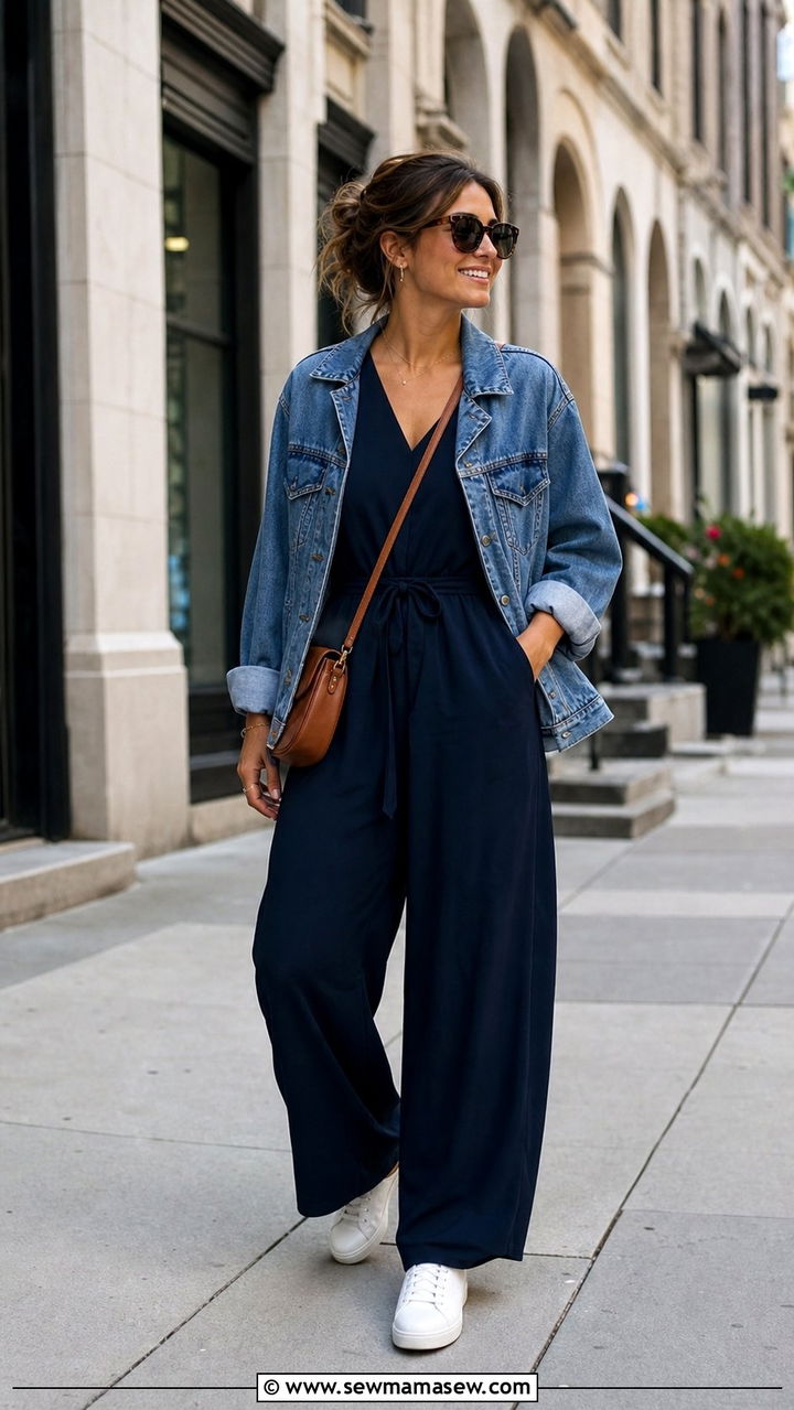 Jumpsuit with Denim Jacket and White Sneakers - 35 casual Friday outfit ideas