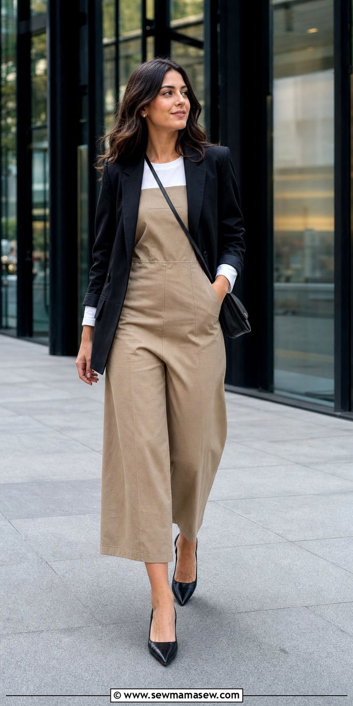 Jumpsuit with Fitted Tee and Structured Blazer - 25 cute windy day outfits