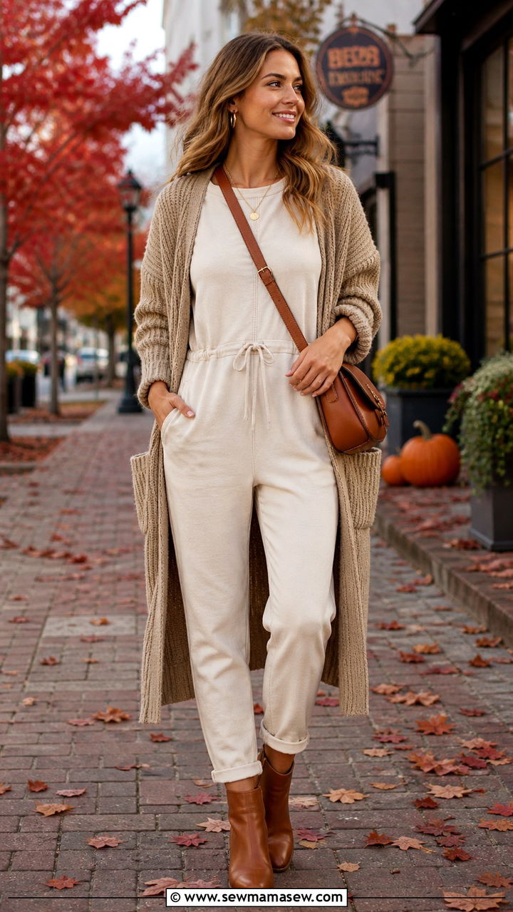 Jumpsuit with Long Cardigan and Ankle Boots - 40 casual jumpsuit outfits