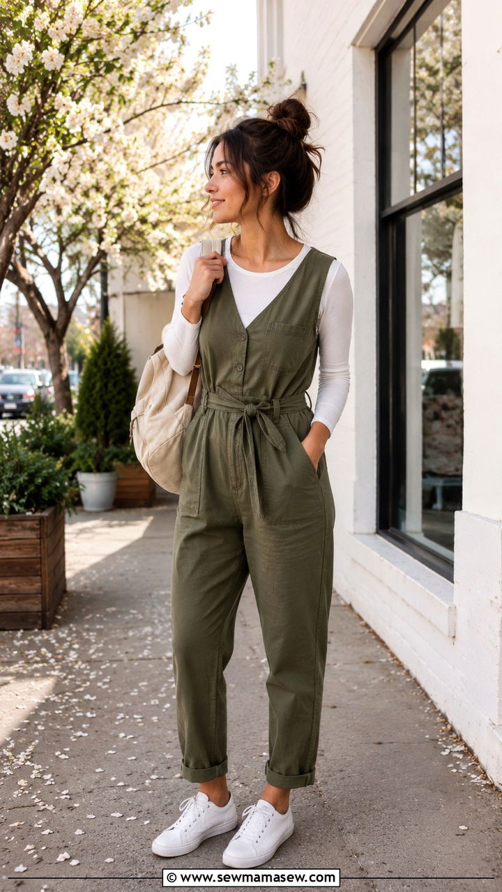 Jumpsuit with Long Sleeve Shirt and White Sneakers - 30 spring transition outfit ideas
