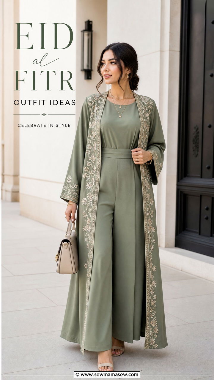 Jumpsuit with Open Abaya Layer - 30 Eid al Fitr outfit ideas