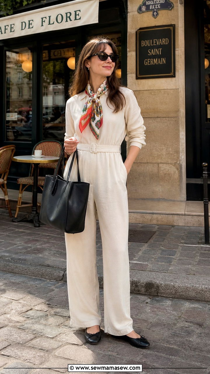 Jumpsuit with Printed Scarf and Ballet Flats - 40 casual jumpsuit outfits