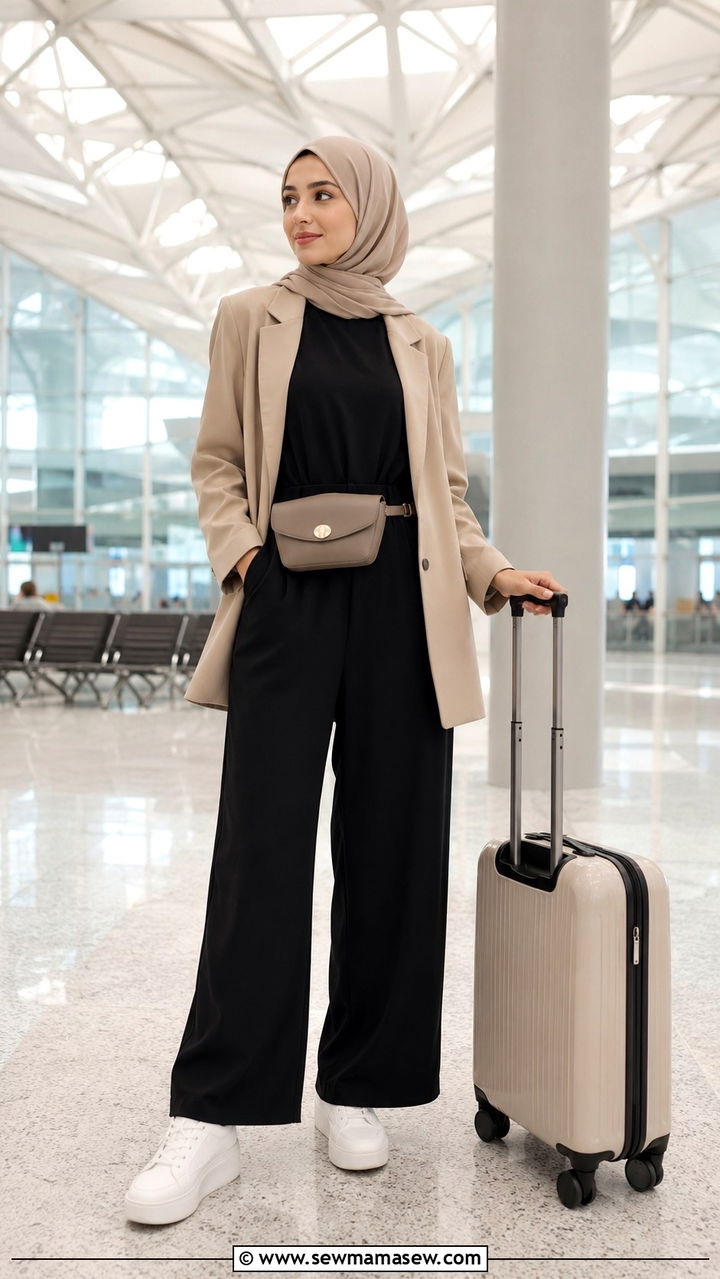 Jumpsuit with Soft Blazer and Platform Sneakers - 30 Modest outfit ideas for airport
