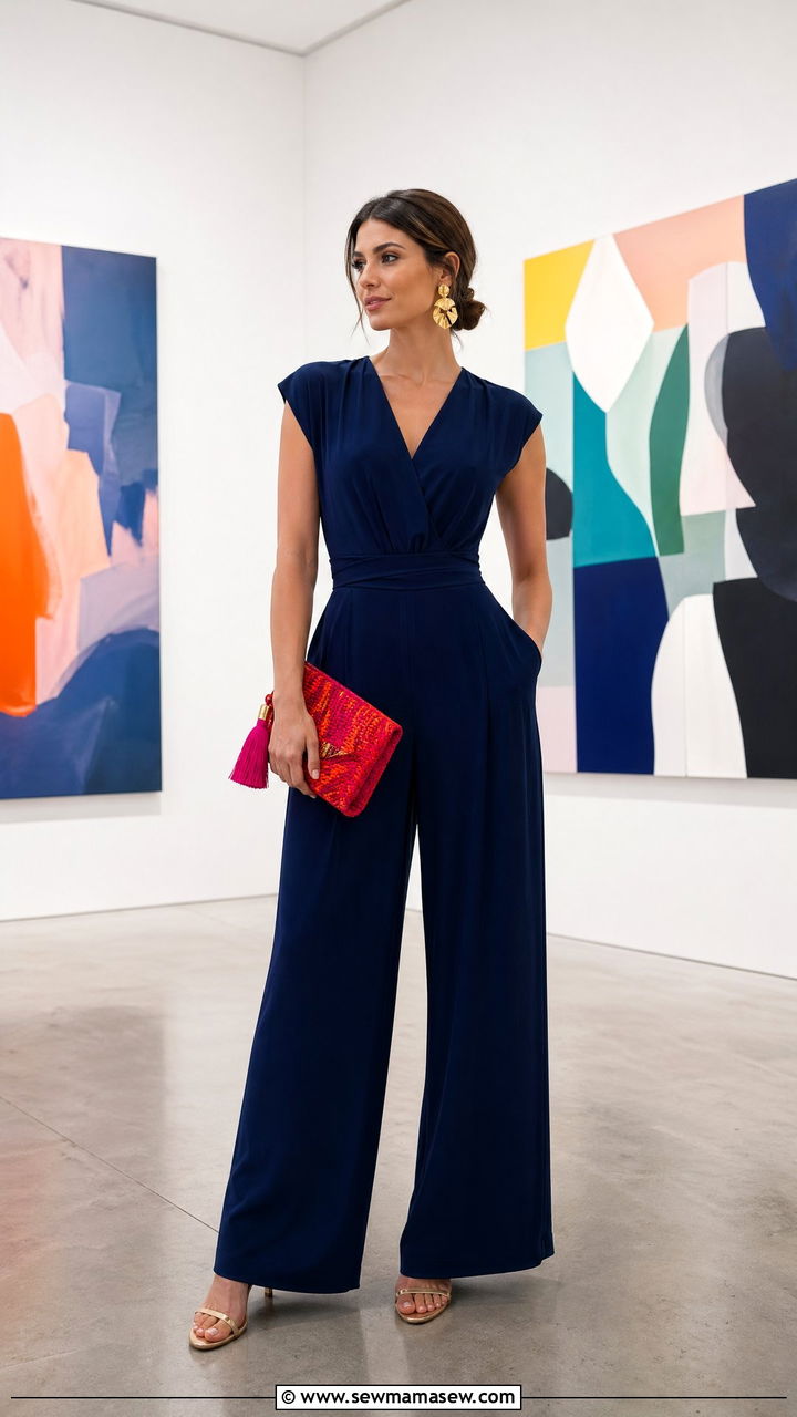 Jumpsuit with Statement Earrings and Heeled Sandals - 35 dinner outfit ideas for women