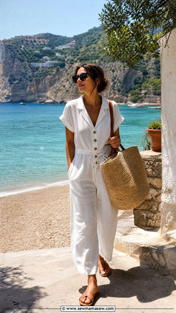 Jumpsuit with Straw Tote and Flat Slides - 30 How to style a jumpsuit in summer
