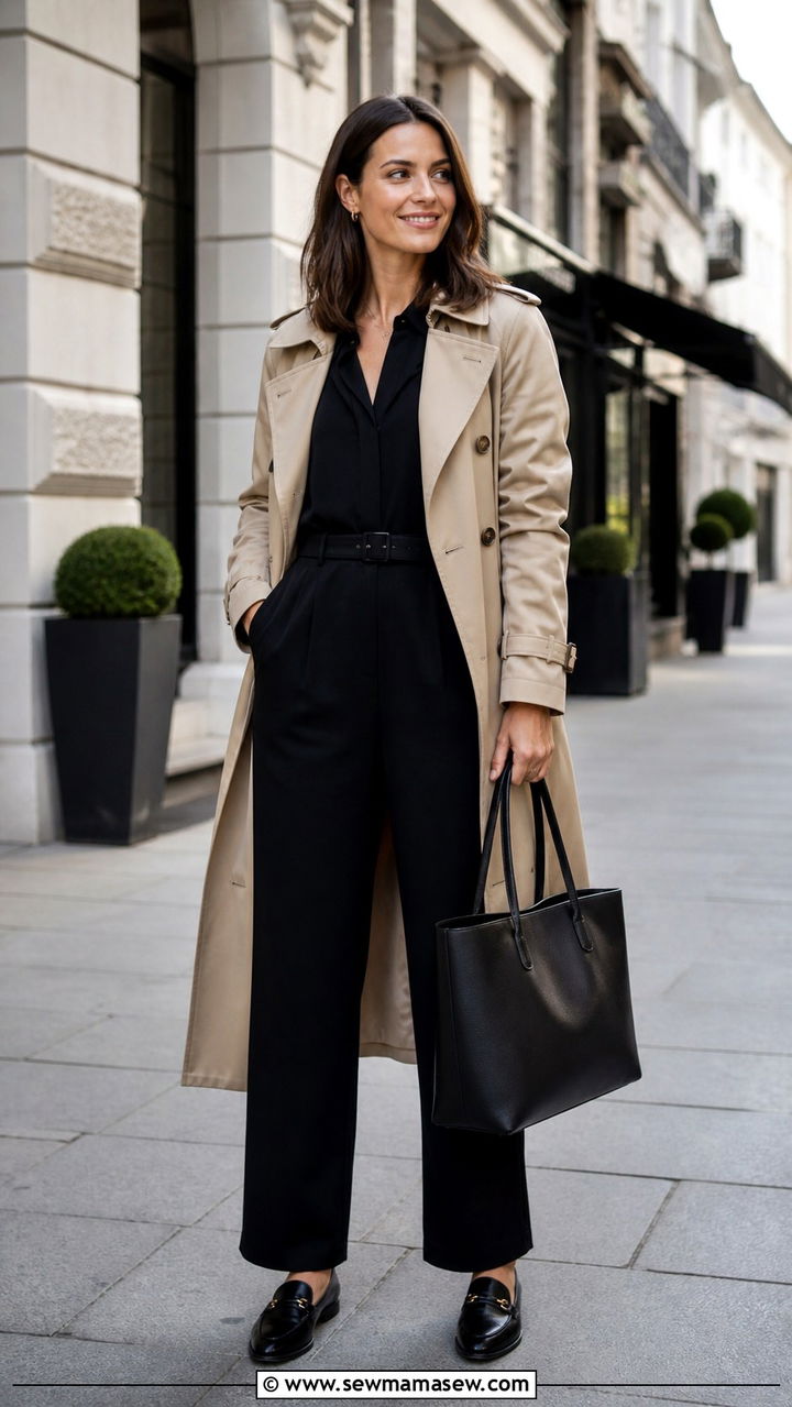 Jumpsuit with Trench Coat and Loafers - 40 casual jumpsuit outfits
