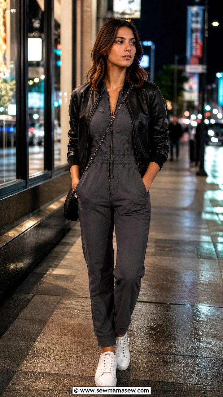 Jumpsuit with a Leather Bomber Jacket - 40 casual jumpsuit outfits