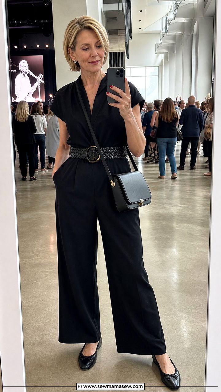 Jumpsuit with a Statement Belt and Flats - 30 Concert outfits for women over 50