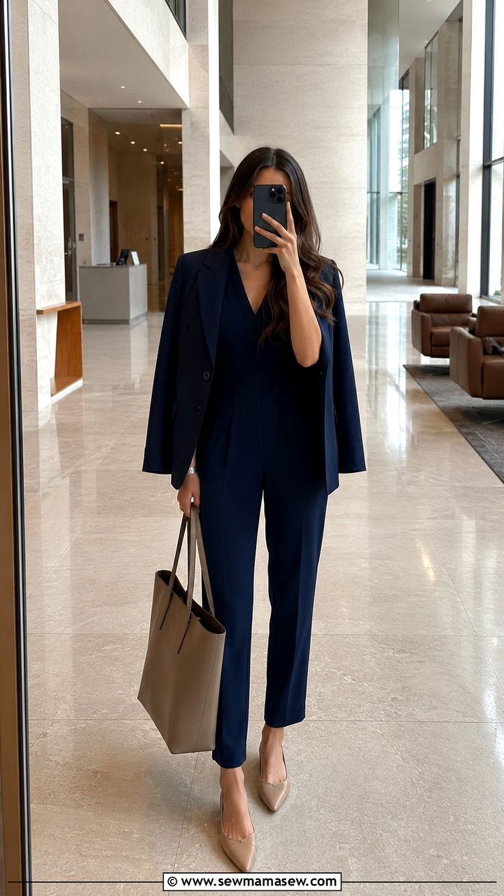 Jumpsuit with a blazer for orientation - 30 Law school student outfit ideas