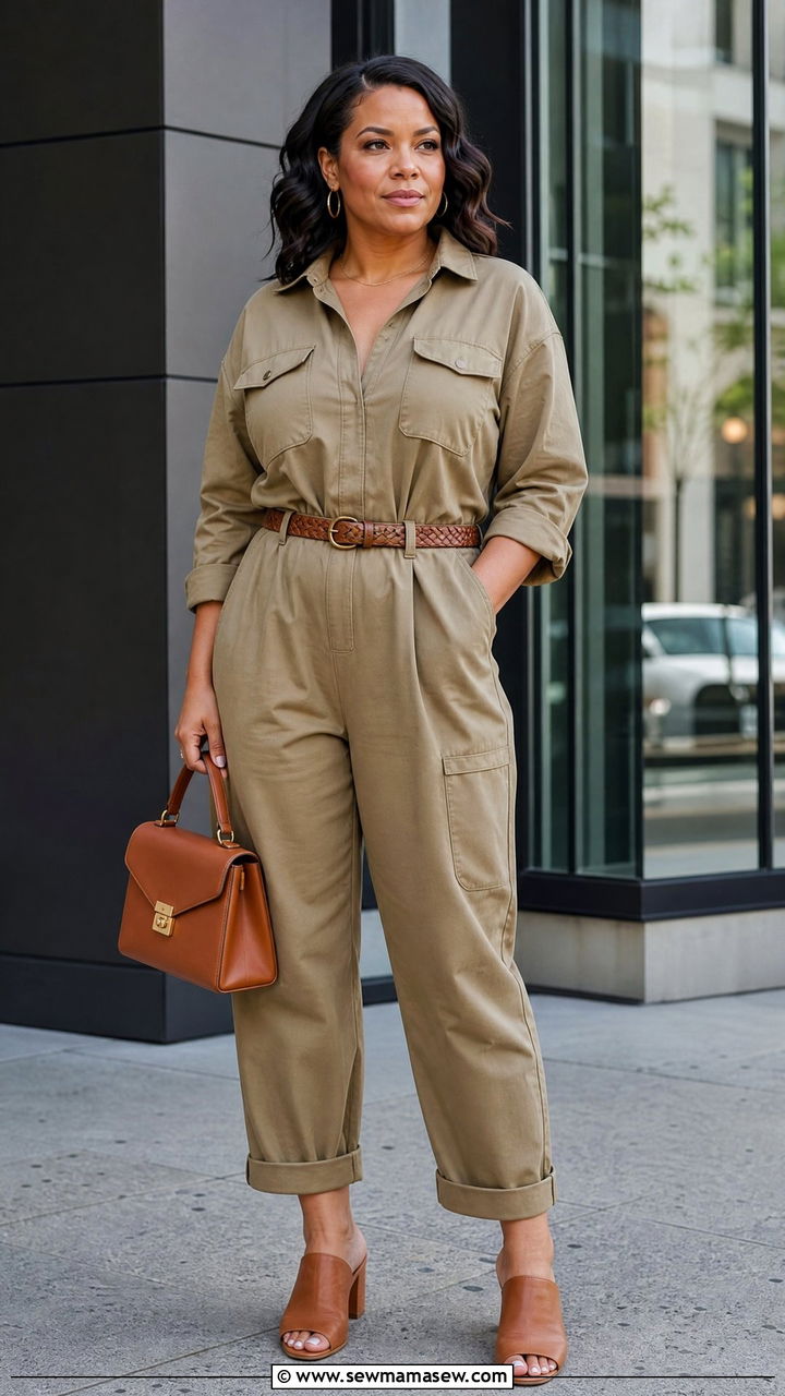 Jumpsuit with a braided belt and heeled mules - 30 Summer outfits for midsize women