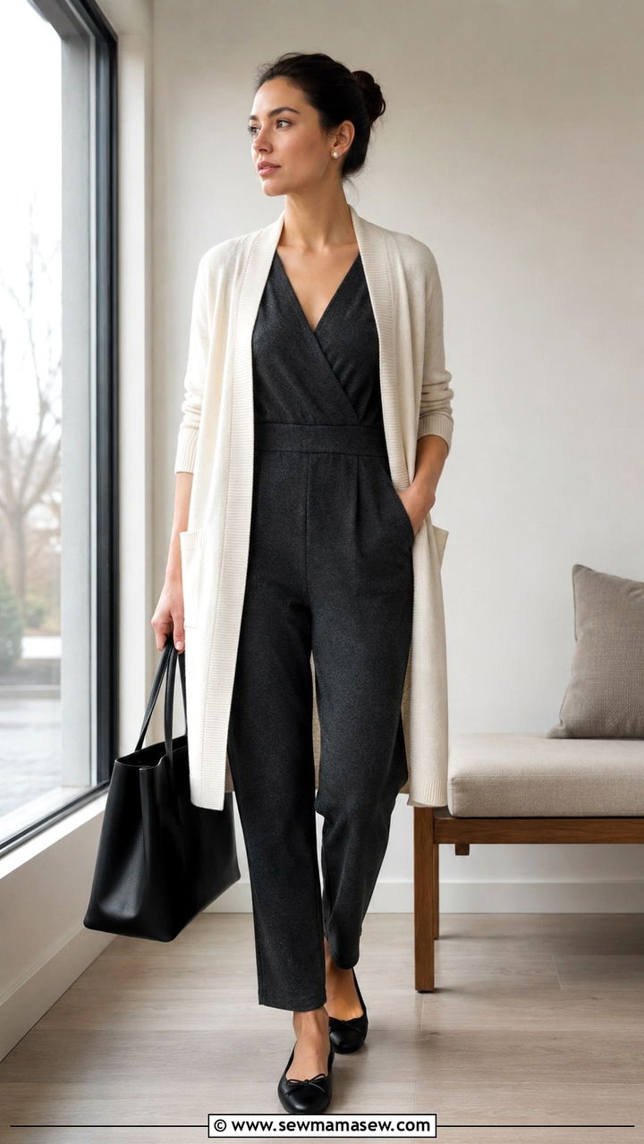Jumpsuit with cardigan and ballet flats office look - 30 How to style a jumpsuit for work