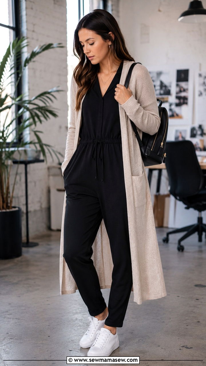 Jumpsuit with longline cardigan and sneakers work outfit - 30 How to style a jumpsuit for work