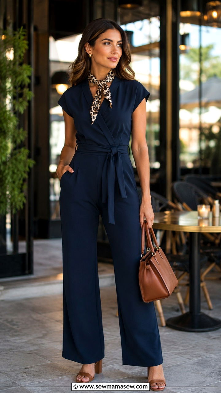Jumpsuit with printed scarf and block heels office look - 30 How to style a jumpsuit for work