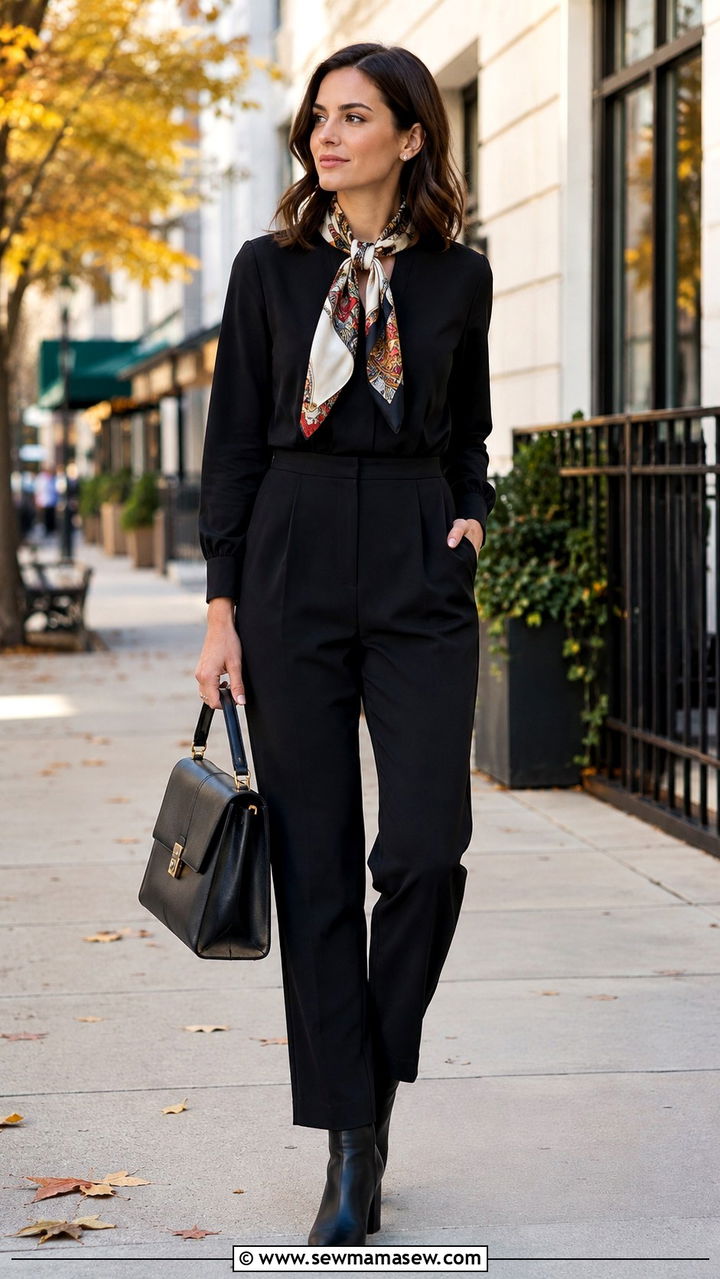 Jumpsuit with scarf and ankle boots office look - 30 How to style a jumpsuit for work