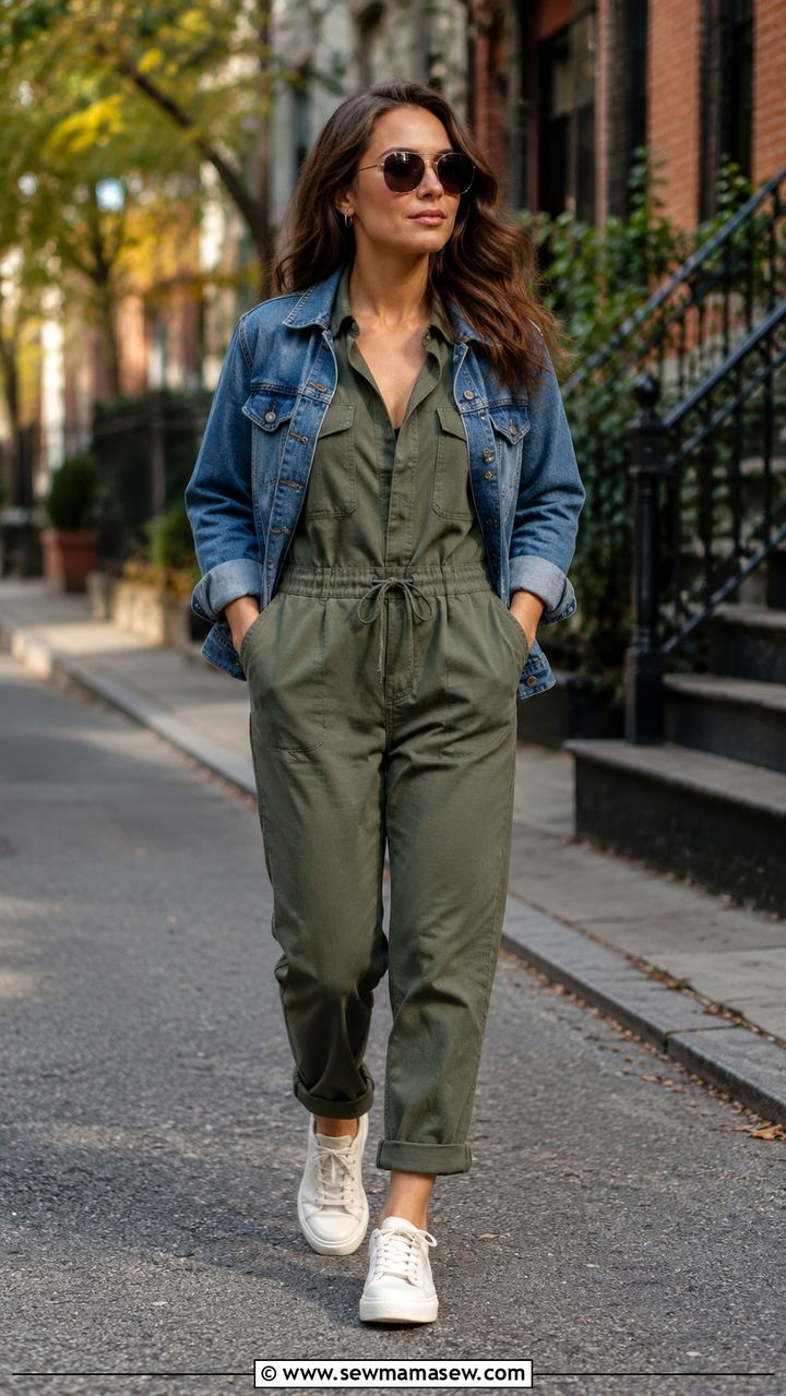 Jumpsuit with sneakers and denim jacket - 30 transitional sneaker outfit ideas