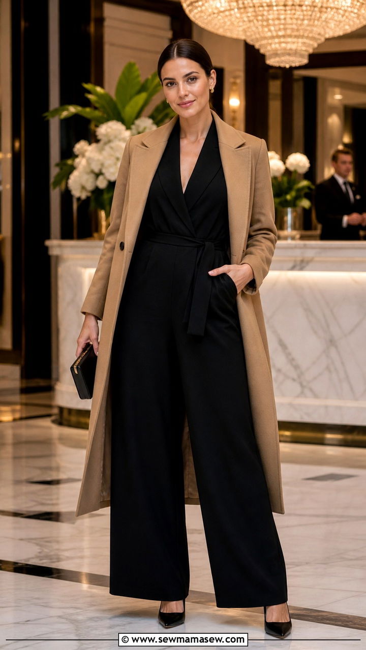 Jumpsuit with tailored coat and pointed heels - 40 London outfit ideas