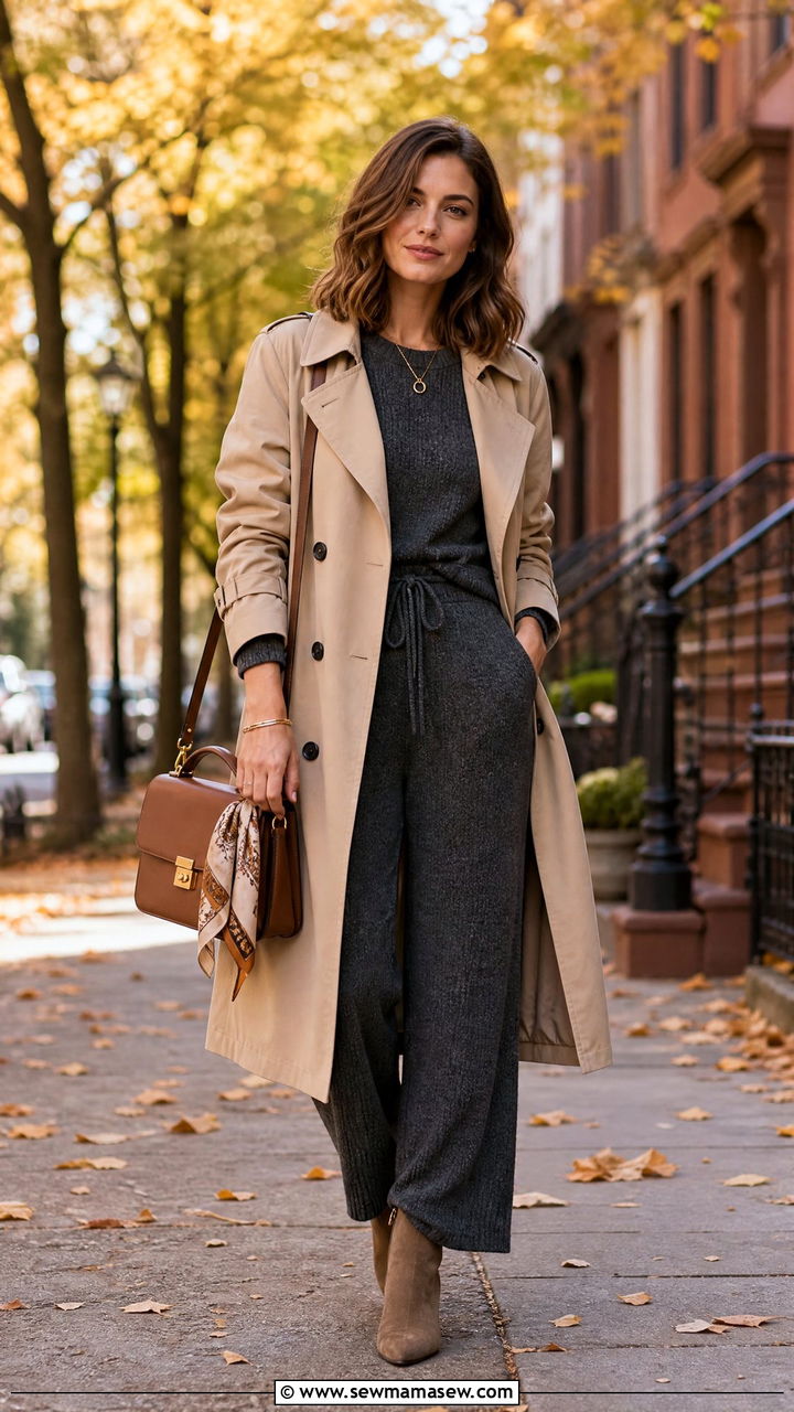 Jumpsuit with trench coat and boots - 25 how to style jumpsuit