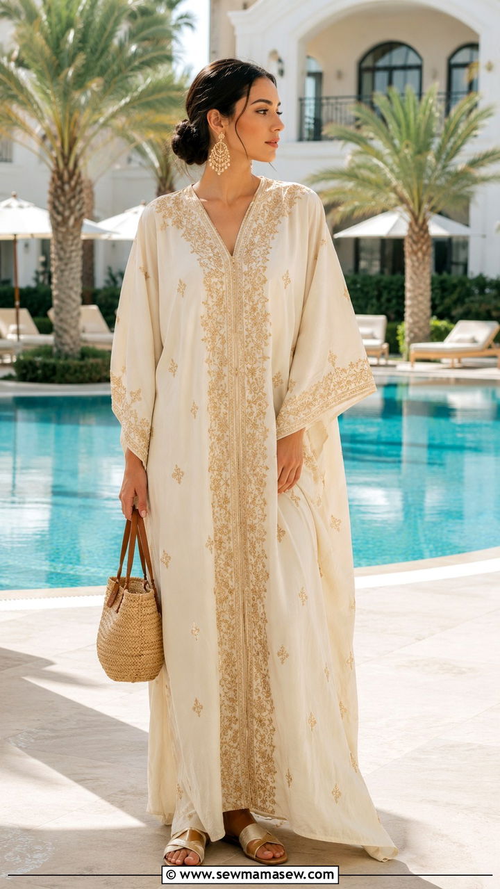 Kaftan Cover Up With Statement Earrings And Metallic Sandals - 30 Modest travel outfit ideas