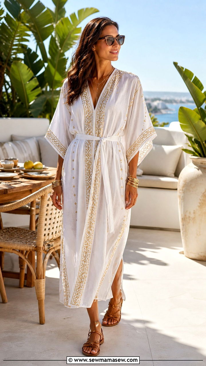 Kaftan Dress Outfit With Flat Leather Sandals - 40 classy vacation outfits