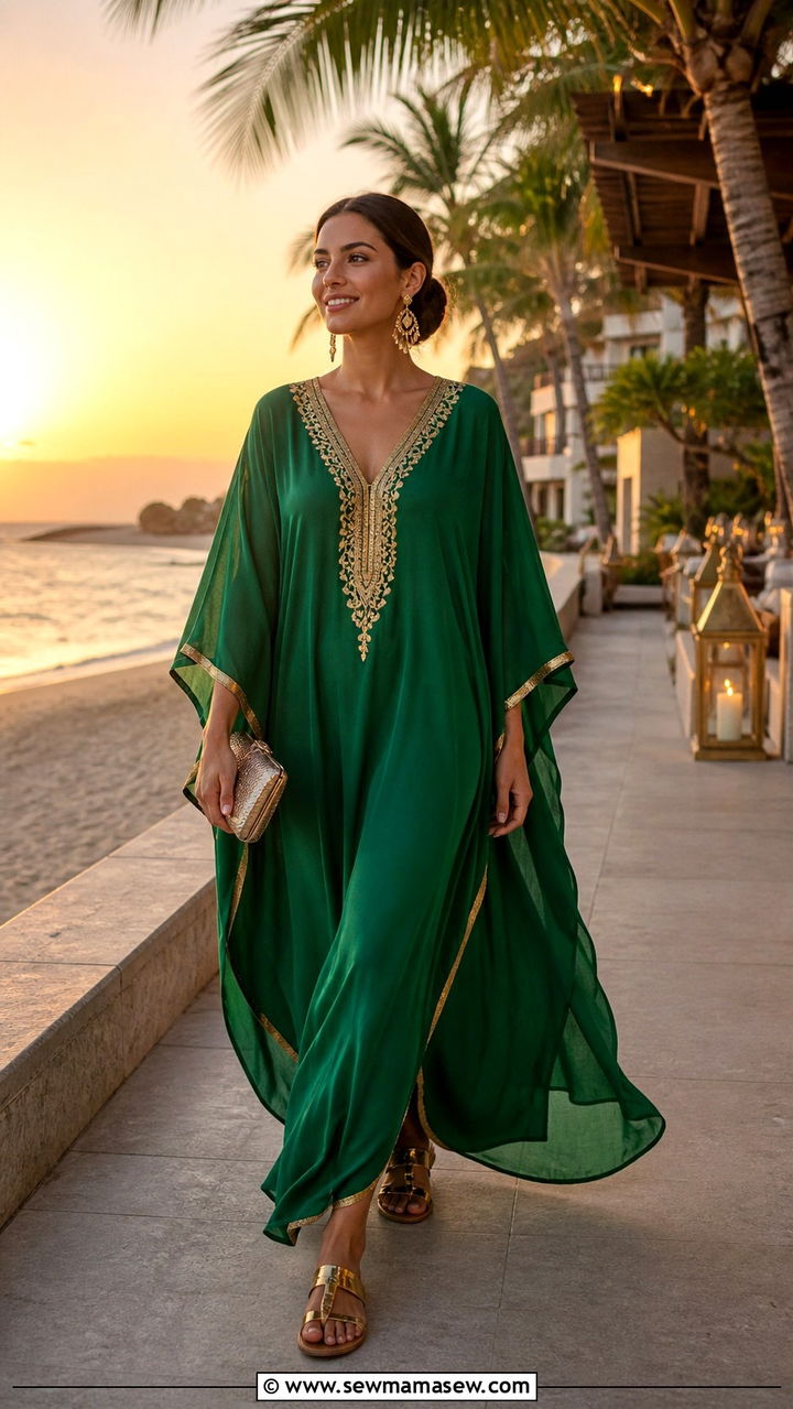 Kaftan Dress With Gold Sandals And Statement Earrings - 40 vacation outfits
