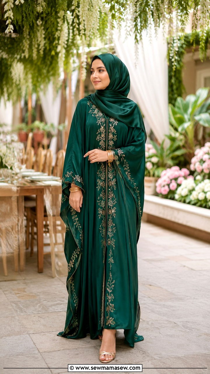 Kaftan Dress With Satin Hijab - 30 Modest wedding guest outfit ideas with hijab