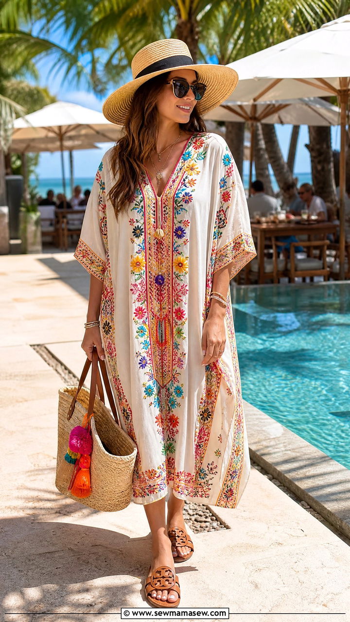 Kaftan Dress With Slide Sandals - 30 summer mexico vacation outfit ideas
