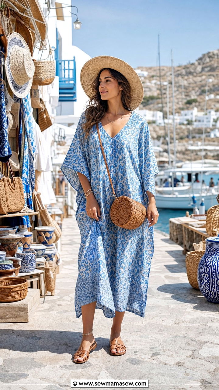 Kaftan Dress with Flat Sandals for a Port Day - 25 Cruise outfit ideas 2026
