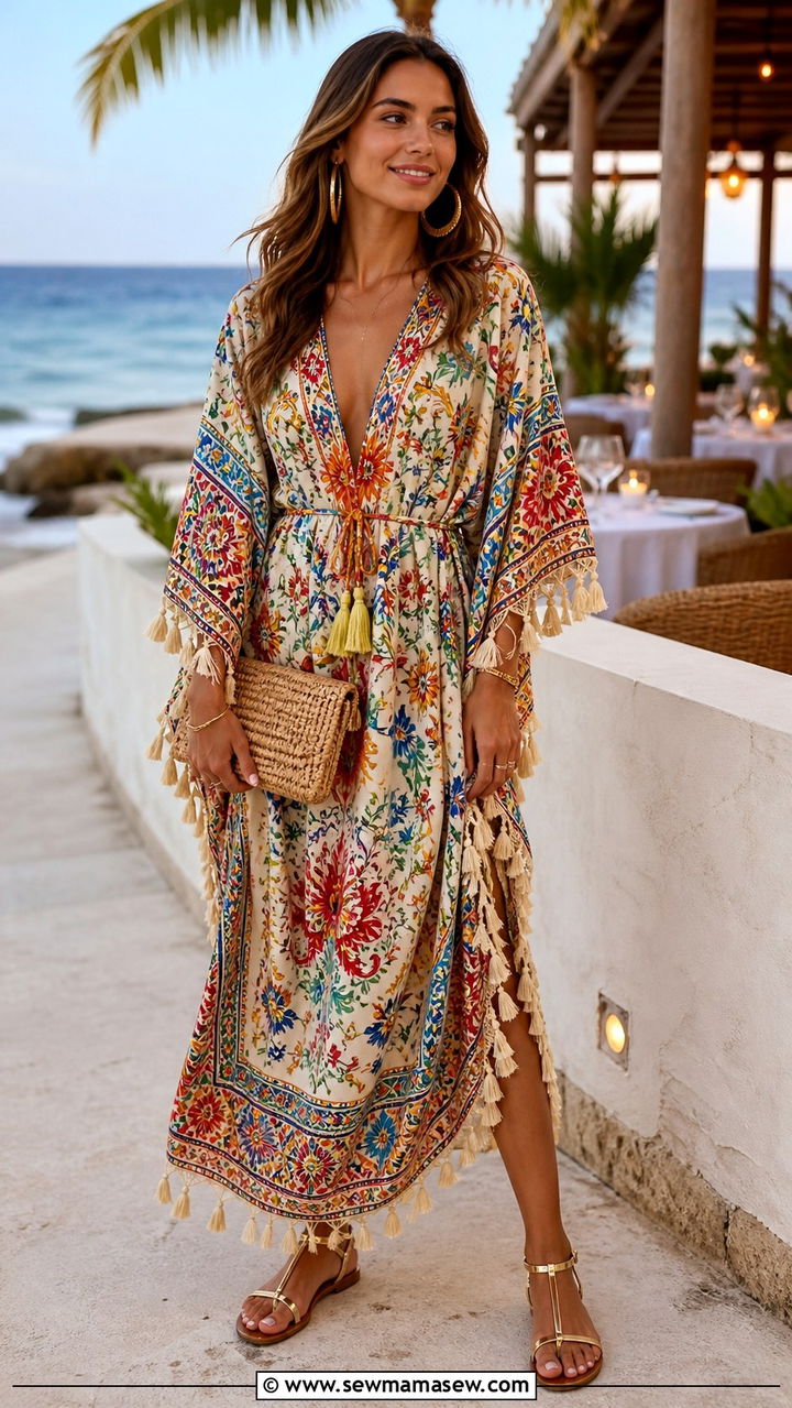 Kaftan Inspired Dress With Gold Sandals - 40 summer dress outfit ideas