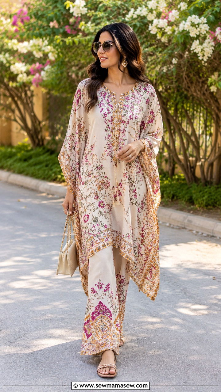 Kaftan Outfit With Wide Leg Trousers - 20 Modest outfit ideas for Pakistan