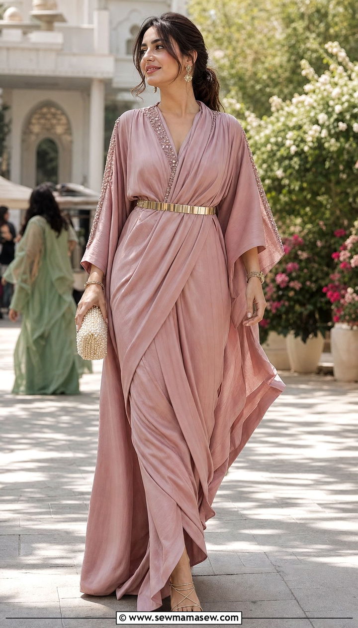 Kaftan Saree Fusion with Belted Drape - 25 Eid al Fitr outfit ideas 2026