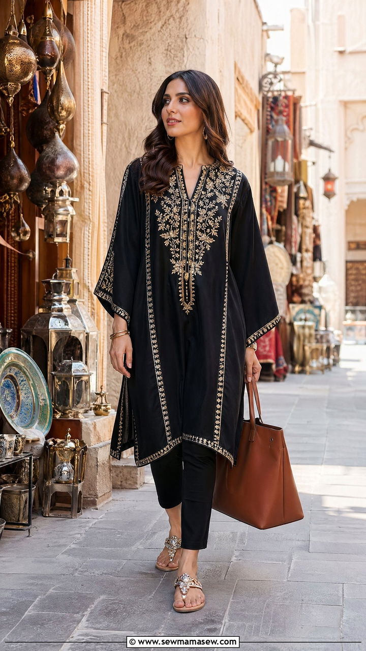 Kaftan Tunic with Slim Pants and Flats Dubai - 35 Dubai outfit ideas