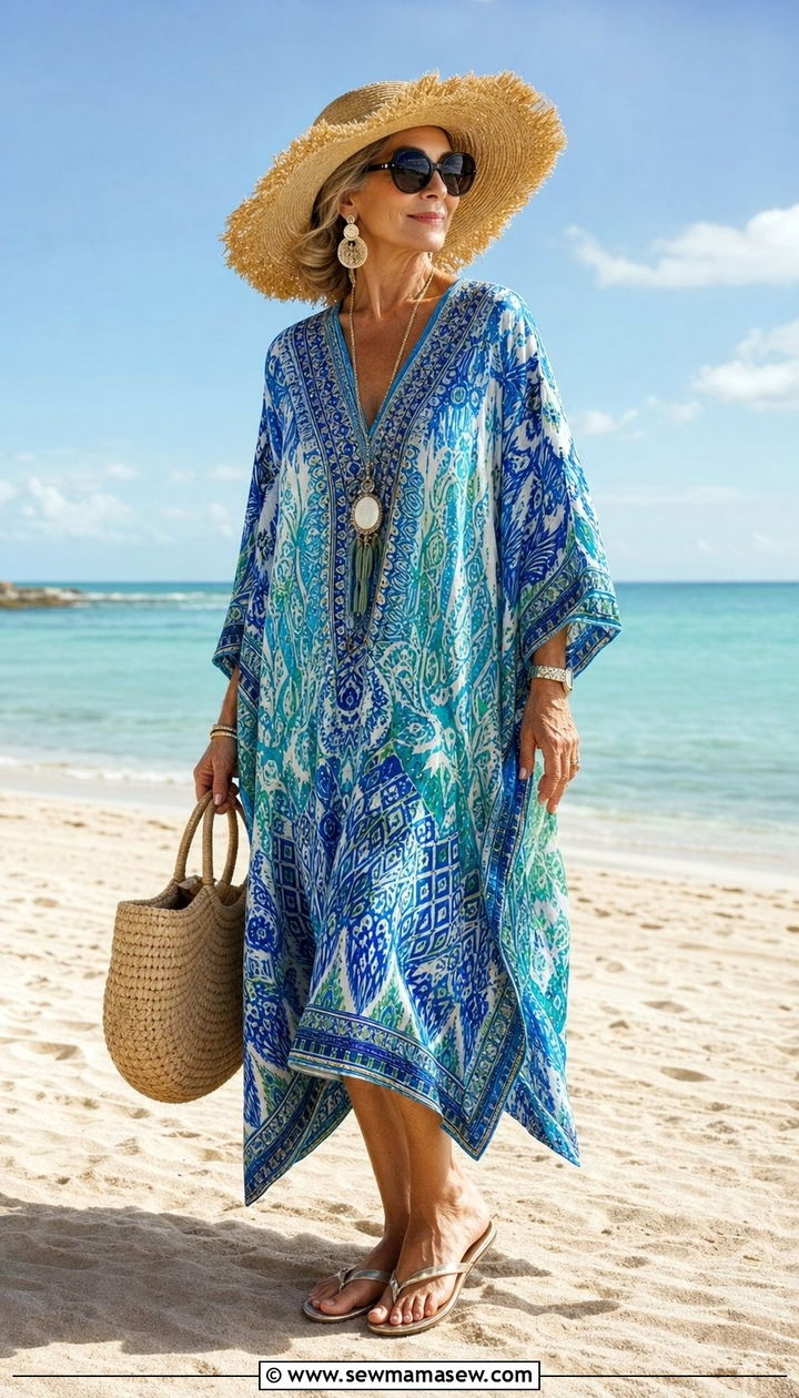 Kaftan cover up with flat sandals - 25 Cover up outfit ideas for women over 50