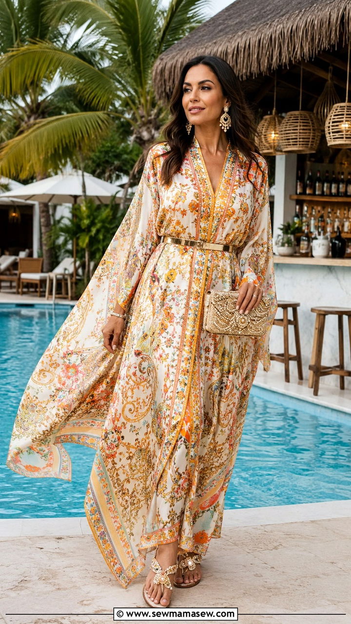 Kaftan dress with flat sandals - 30 classy resort vacation outfit ideas