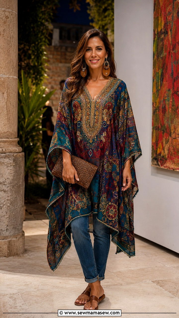 Kaftan tunic with slim jeans - 25 Boho outfit ideas with jeans