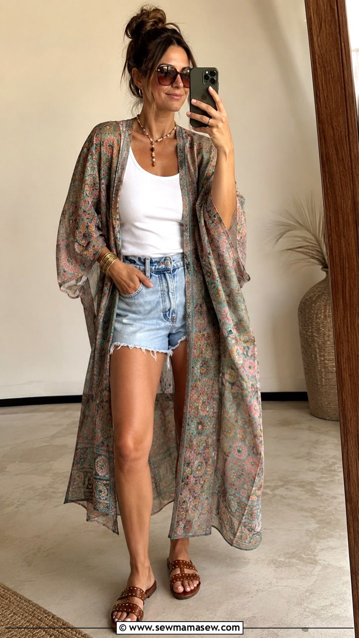 Kaftan with denim cutoffs - 30 Humid weather outfit ideas