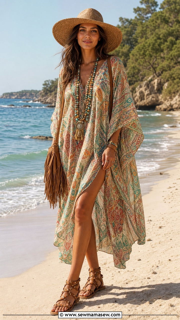 Kaftan with flat gladiator sandals - 35 beach vacation outfits ideas