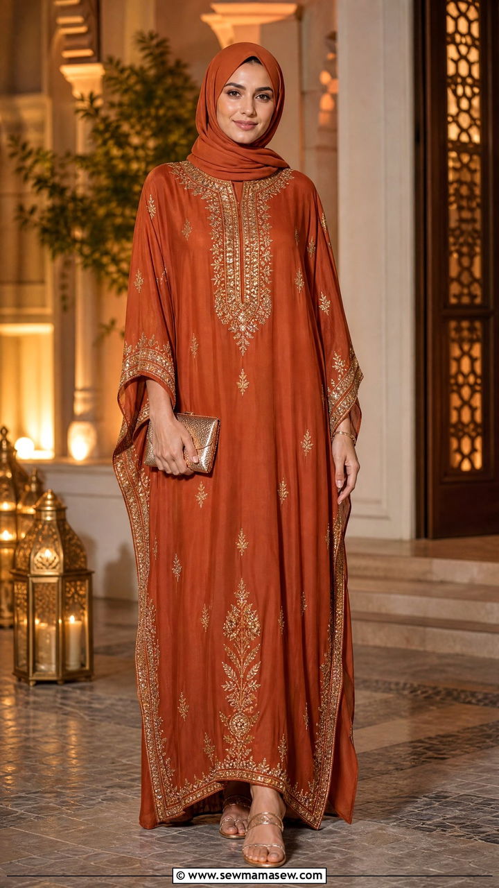 Kaftan with metallic embroidery and clutch - 30 Modest outfit ideas for Eid
