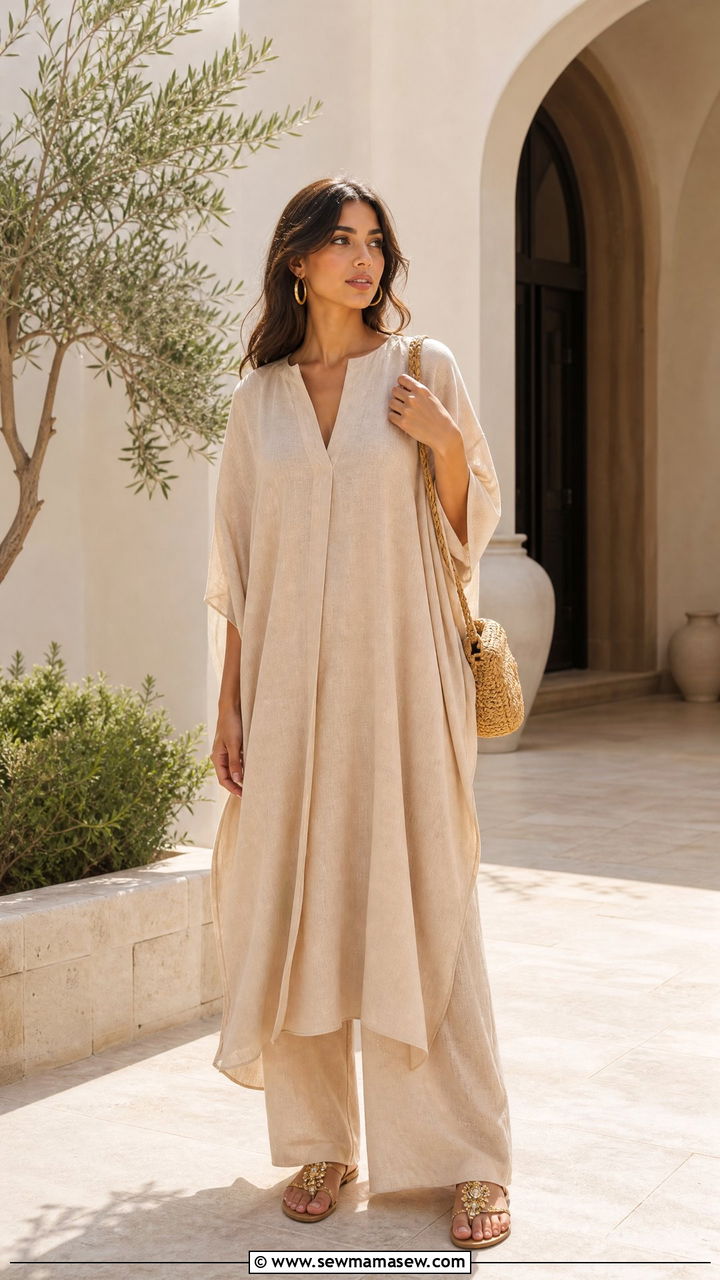 Kaftan with palazzo pants - 30 summer outfits for modest women