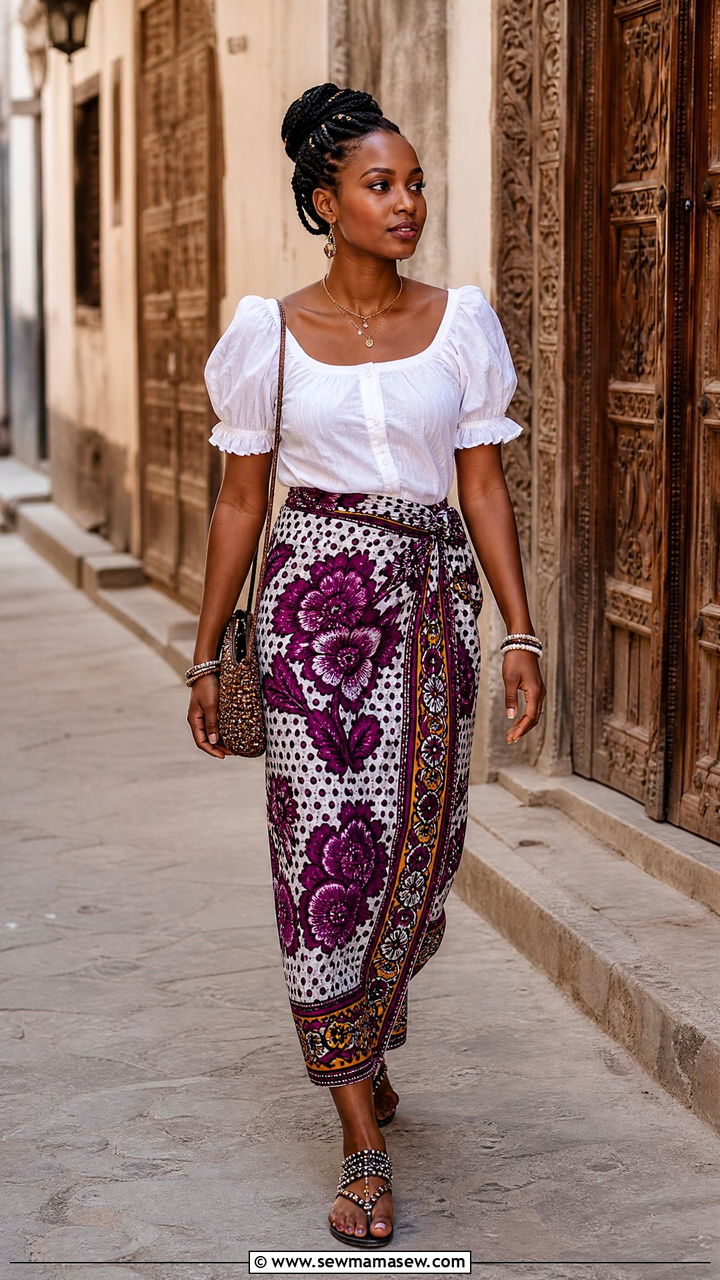 Kanga Wrap Skirt with White Cotton Blouse - 25 Zanzibar outfit ideas